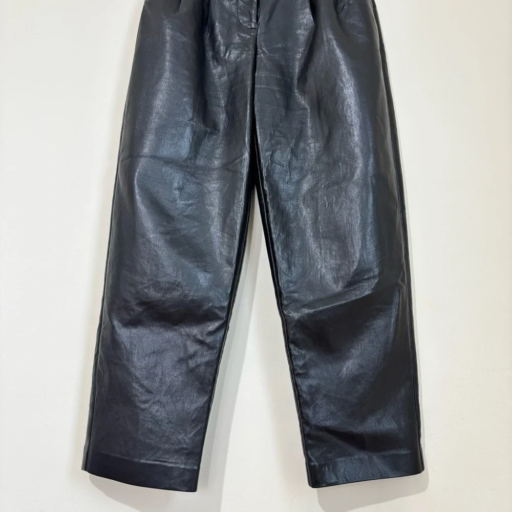 Wilfred preppy black soft faux leather high rise pleated straight leg crop pants